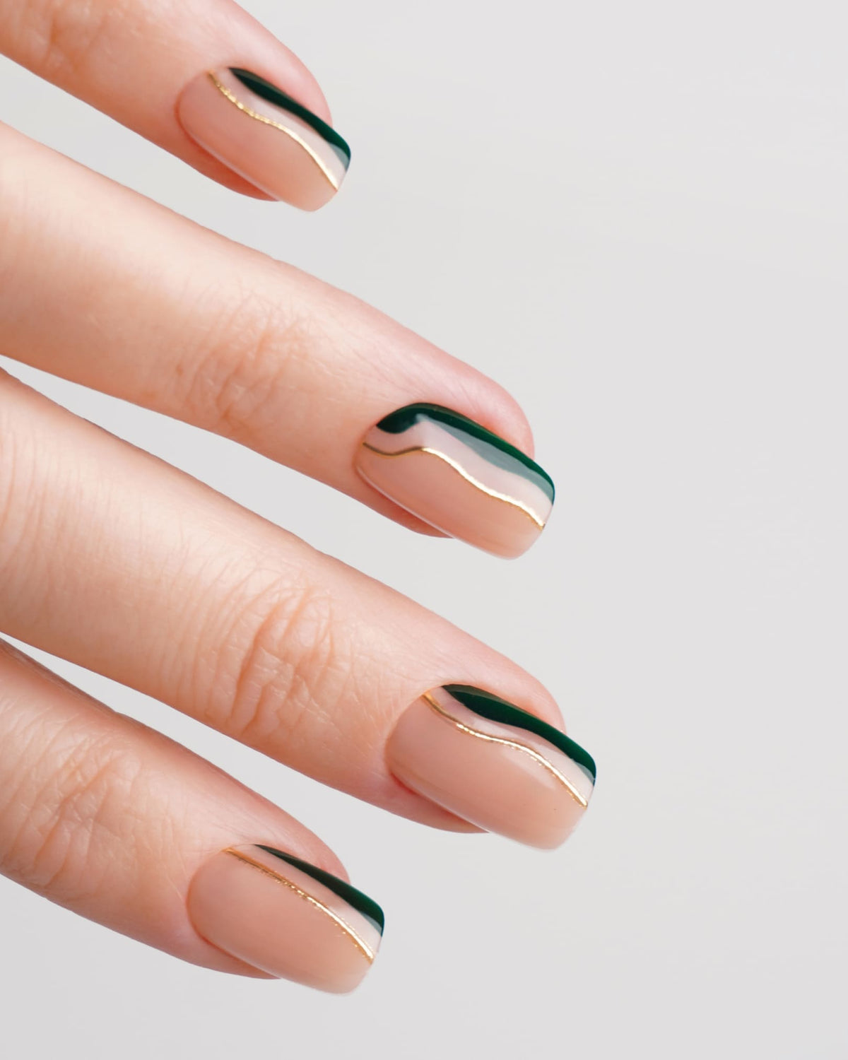 Gold Green Slate Swirl Short Square Soft Gel Press Ons